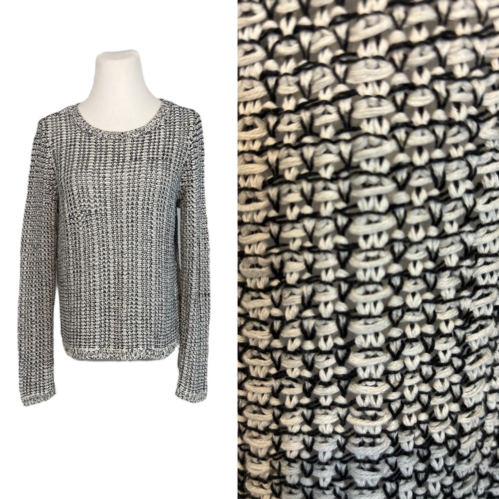 Eileen Fisher S Petite Linen-Cotton Black White Crochet Knit Pullover Sweater